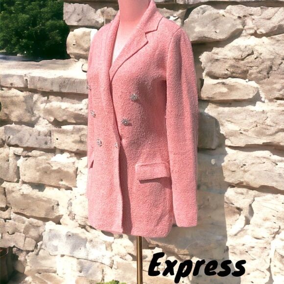 EXPRESS WOMENS SWEATER BLAZER DOUBLE BREASTED RHINESTONE EMBELLISHED PINK XS - Picture 1 of 7